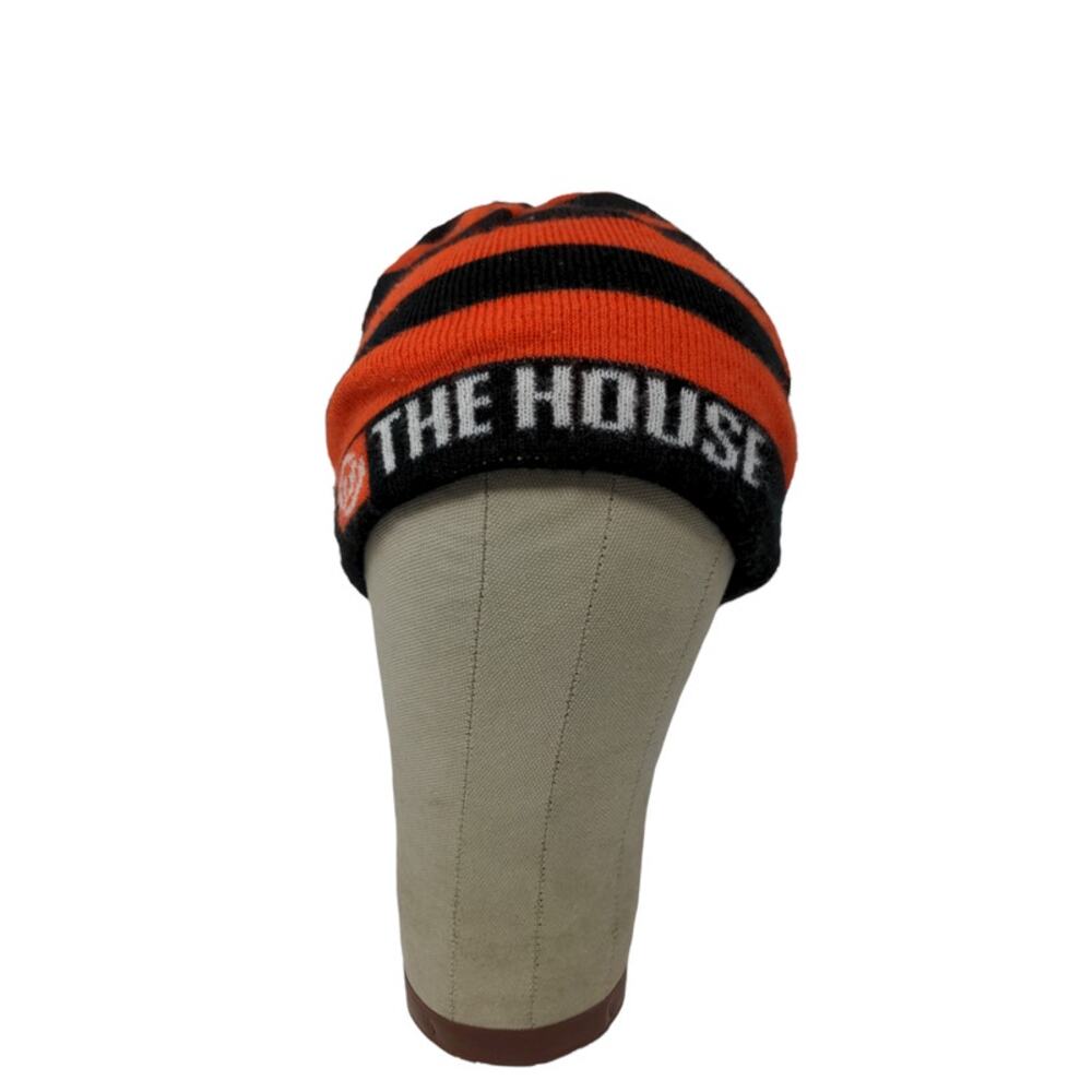 The House Striped Beanie Hat Orange & Black Spell Out Logo Knit